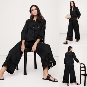 NWT Banana Republic Embroidered Cotton Poplin‎ Popover Top SMALL Black Blouse